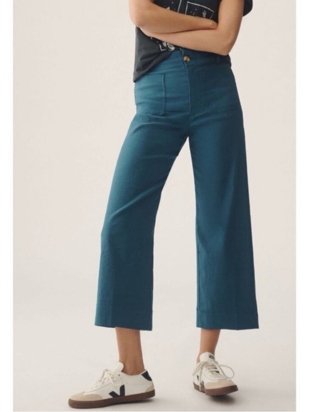 Anthropologie Maeve The Colette Cropped Wide-Leg Trousers Teal Size 27 NWT New